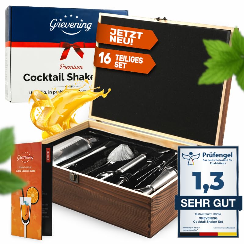 Grevening® [AWARD WINNER] 16-piece Stainless Steel Cocktail Shaker Set in a practical and elegant wooden box, great gift packaging with recipe book for beginners and professional bartenders, 304 Premium Stainless Steel
