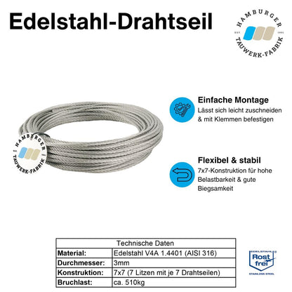 20 meters - 3mm stainless steel wire rope 7x7 V4A stainless steel wire rope railing rope.