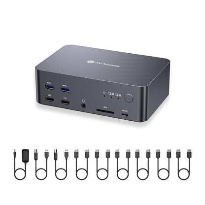 AV Access KVM Switch for 2 PCs and 3 monitors with 8K@60Hz resolution. Includes 6 DP cables, DisplayPort 2.0, 1G Ethernet, USB 3.0, and docking station for 3 monitors. Supports 4K@165/144Hz and 2K@144Hz (Desktop only).