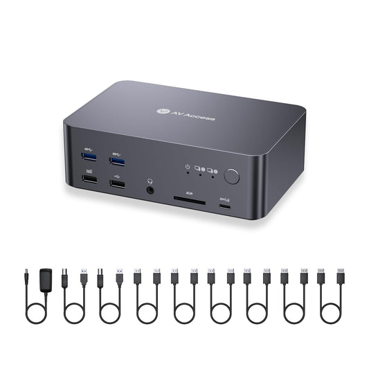 AV Access KVM Switch for 2 PCs and 3 monitors with 8K@60Hz resolution. Includes 6 DP cables, DisplayPort 2.0, 1G Ethernet, USB 3.0, and docking station for 3 monitors. Supports 4K@165/144Hz and 2K@144Hz (Desktop only).