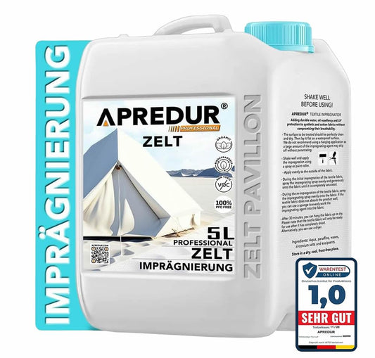 APREDUR 5L Tent PAVILION Camping Yurt Glamping Impregnation Spray Impregnating agent for synthetic and cotton fabrics Solvent and PFC-Free (5L canister)