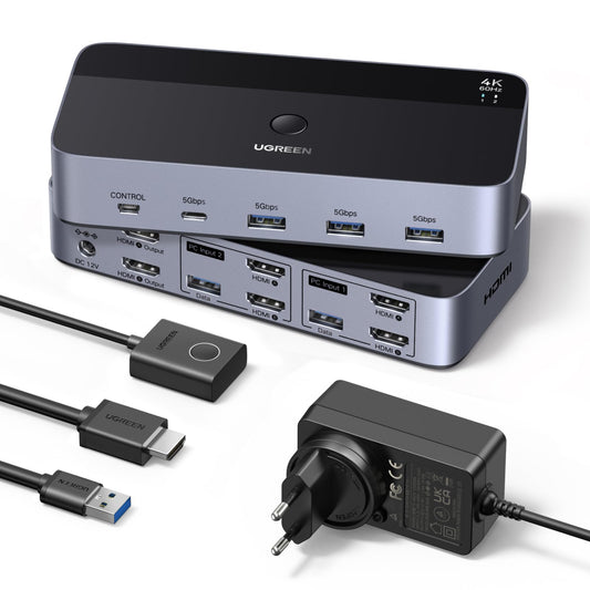 UGREEN HDMI KVM Switch 2 PC 2 Monitors 4K60Hz Keyboard and Desktop Controller Switching 4 USB 3.0 Ports Compatible with Windows/Linux/MacOS etc.