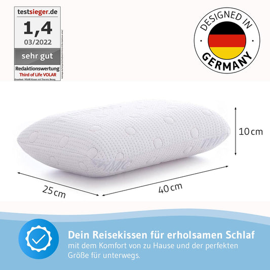 Travel pillow VOLAR | Orthopedic neck pillow with memory foam | Compact headrest for car, airplane, train, hotel & camping | Thermoregulating cover | Pillow for outdoor & travel 40x25x10 cm