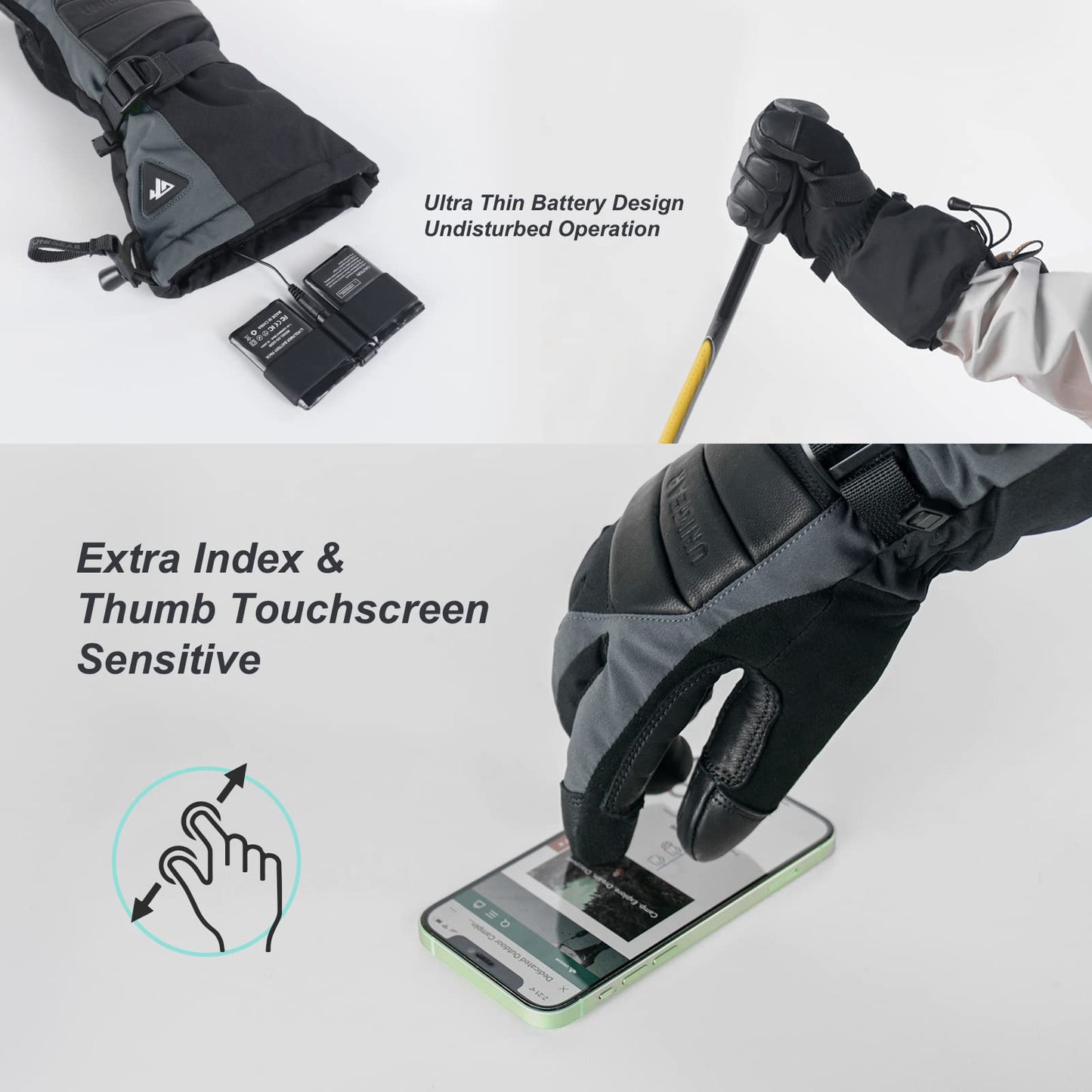 Unigear heated gloves with quick charging for women and men, warm winter gloves with heating, 3 heat levels, waterproof touchscreen for skiing, Raynauds, and outdoor work.