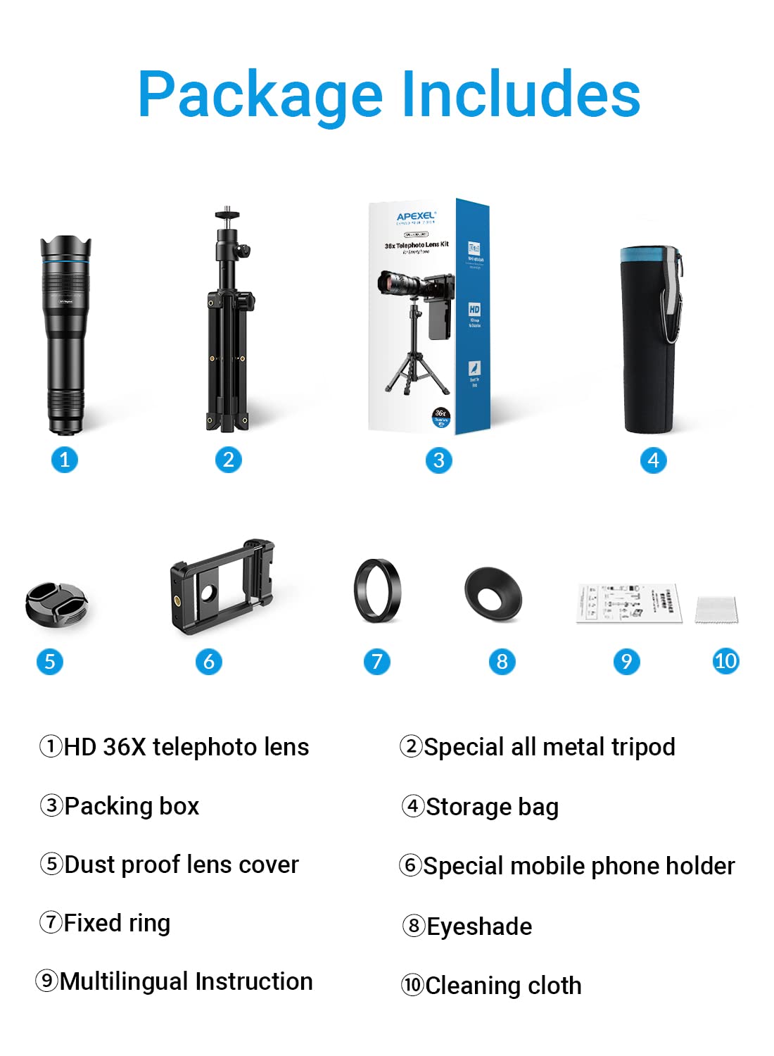 Apexel HD 36X telephoto lens mobile telephoto lens with tripod for iPhone 12/11 Pro, Samsung, Huawei, and most smartphones.