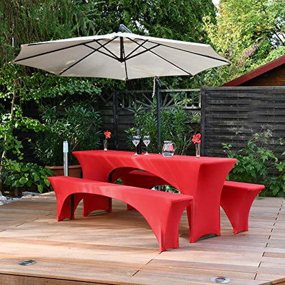 Beautissu Elegant Stretch Cover Set 3pcs. Victoria - Elastic covers for beer tent set 220x70 cm - Festive cover beer table + 2 beer bench - Beer tent set covers in red