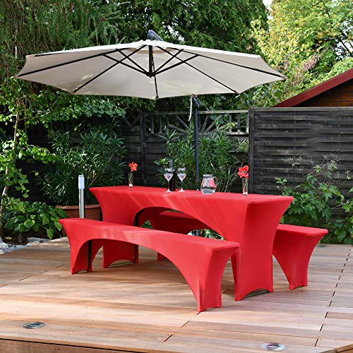 Beautissu Elegant Stretch Cover Set 3pcs. Victoria - Elastic covers for beer tent set 220x70 cm - Festive cover beer table + 2 beer bench - Beer tent set covers in red