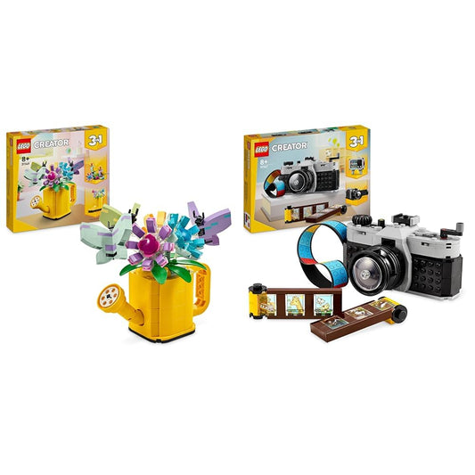 LEGO Creator 3in1 Watering Can with Flowers Set, Kids' Room Decor & Creator 3in1 Retro Camera Toy with 3 Models for Girls and Boys