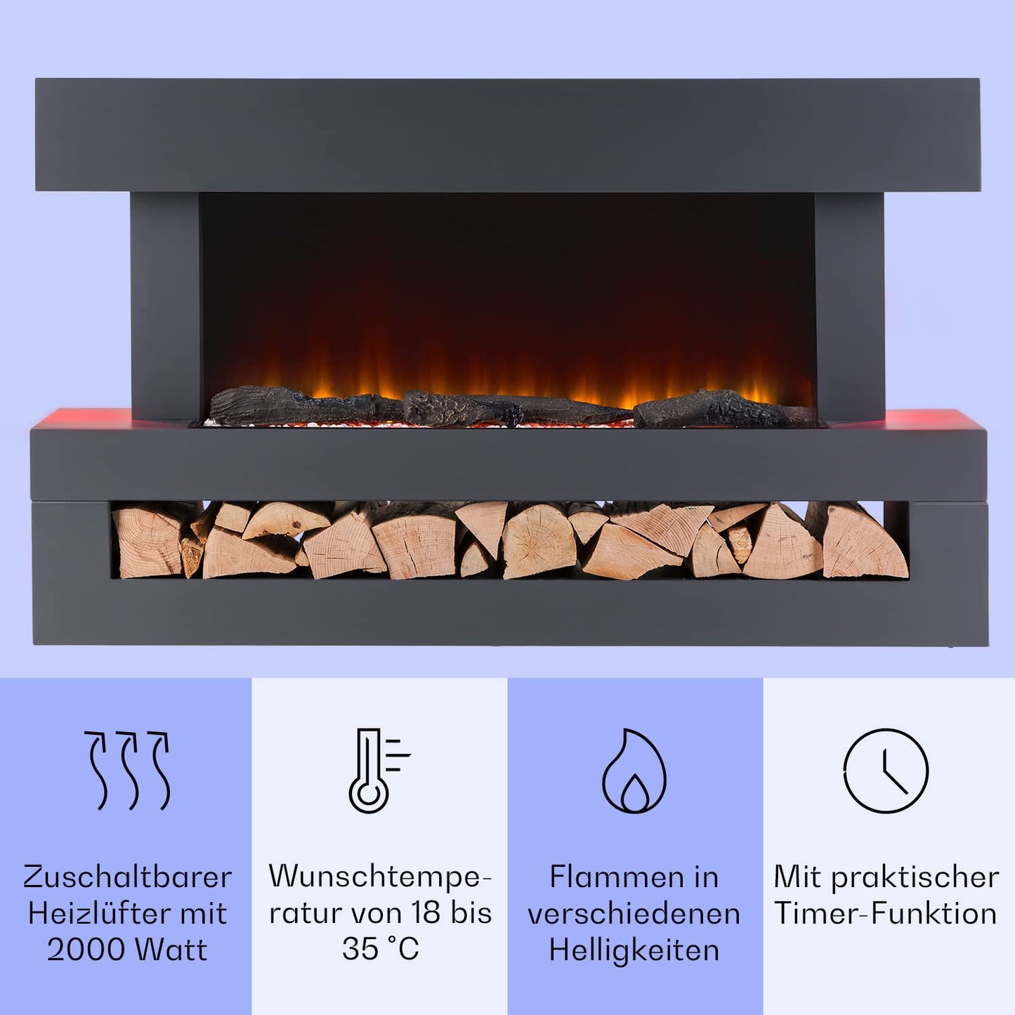 Klarstein decorative fireplace with LED flames, electric fireplace with heating, 2000W electric fireplace, energy-efficient electric fireplace, wall fireplace with remote control & timer, electric fireplaces with MDF housing.