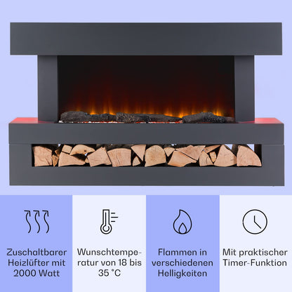 Klarstein decorative fireplace with LED flames, electric fireplace with heating, 2000W electric fireplace, energy-efficient electric fireplace, wall fireplace with remote control & timer, electric fireplaces with MDF housing.
