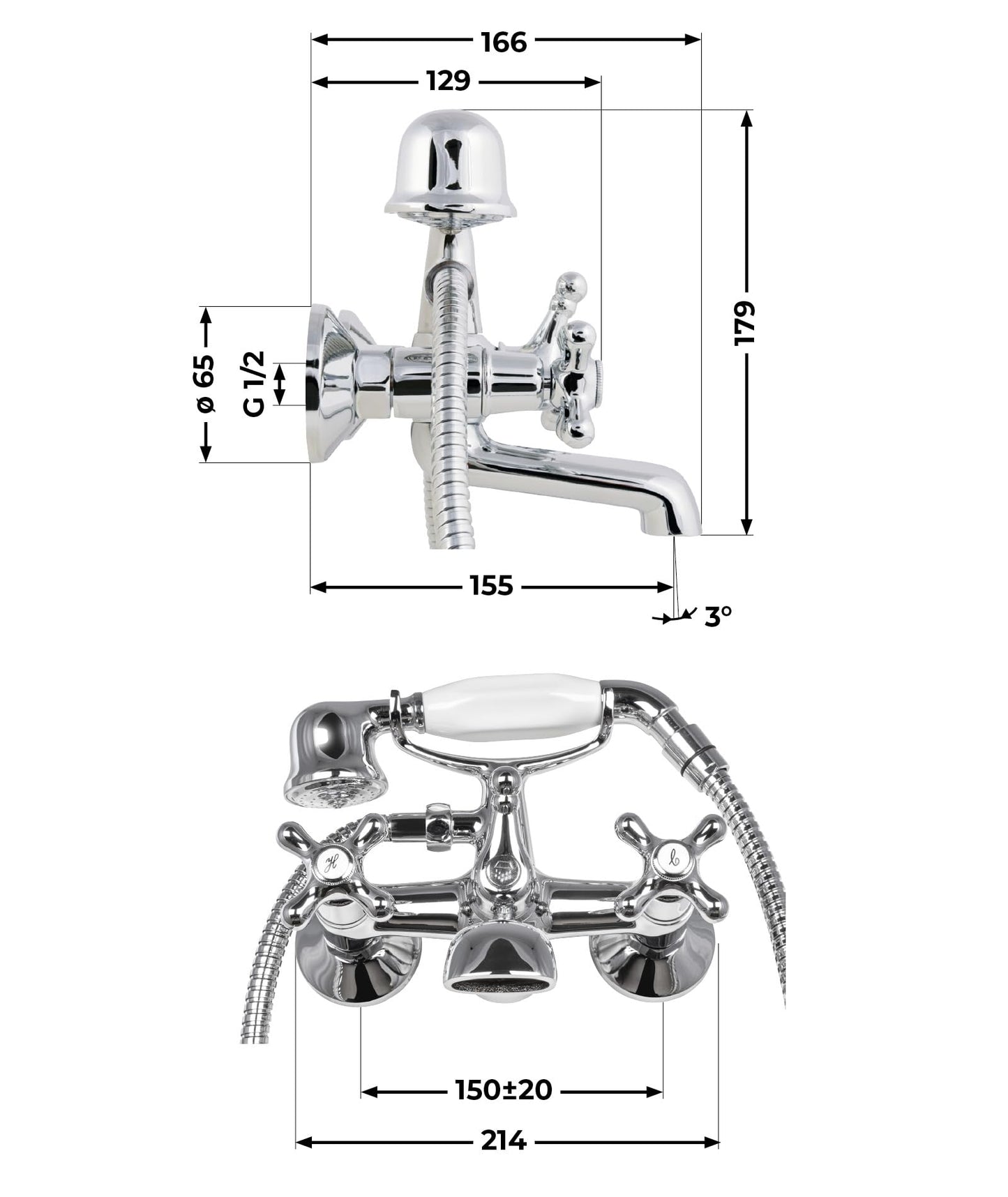 aquaSu® Two-handle mixer Athena for bathtub including shower set | Retro faucet | Diverter bathtub faucet | Tub battery | Nostalgic two-handle faucet | Cross handles | Chrome | 76802 3
