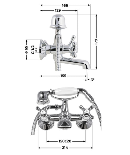 aquaSu® Two-handle mixer Athena for bathtub including shower set | Retro faucet | Diverter bathtub faucet | Tub battery | Nostalgic two-handle faucet | Cross handles | Chrome | 76802 3