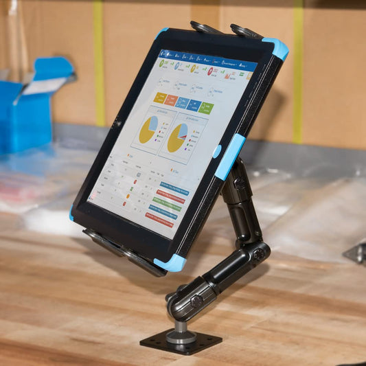 ARKON Heavy Duty Tablet Mount with Adjustable Arm for Tabletops, Cars, Vehicles, Walls, compatible with Apple iPads and Samsung Tablets.