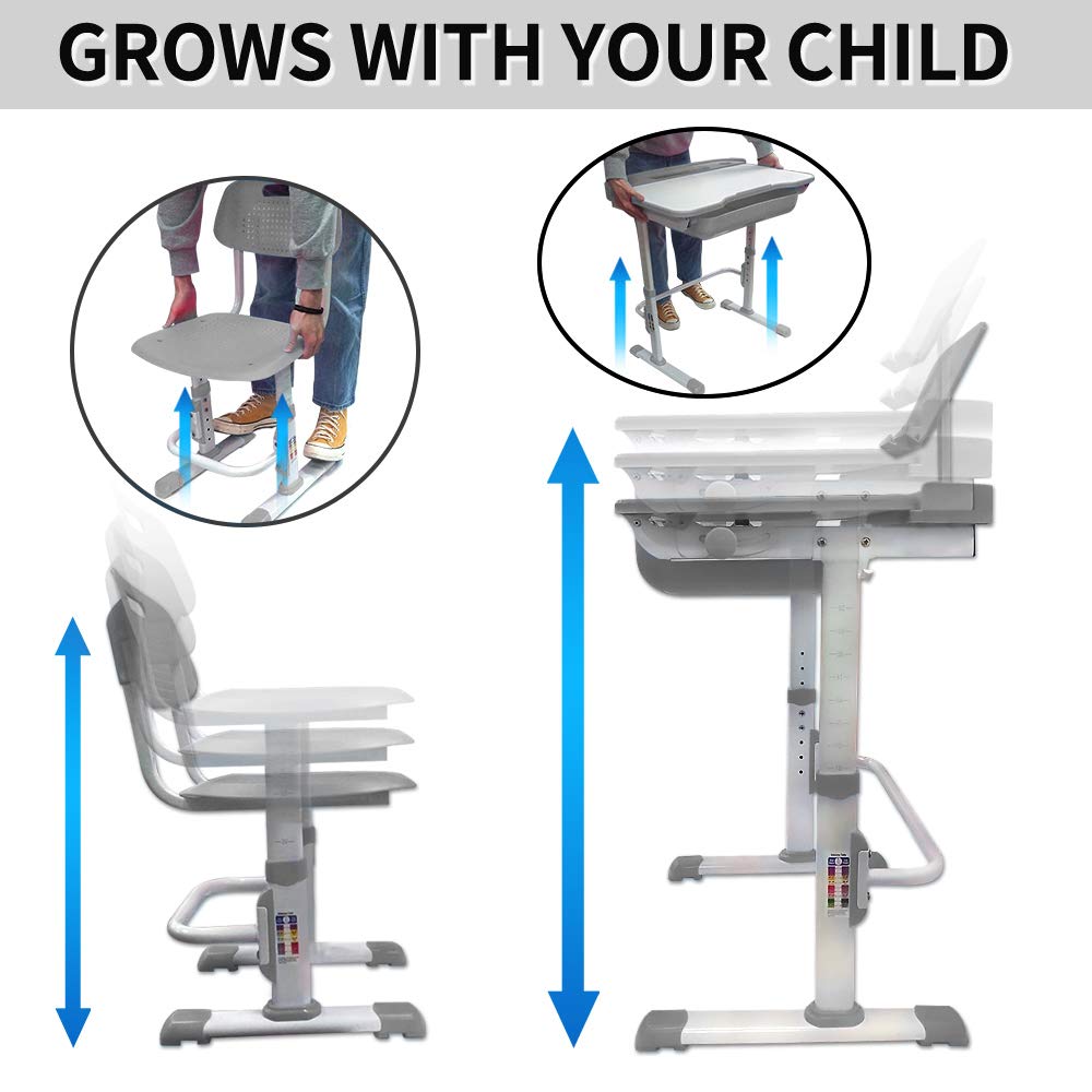 Yinleader Kids Desk and Chair Set, Adjustable Children's Table with Eye-Protecting Lamp, Bookstand, Tilted Desk, perfect for Writing, Reading, and Drawing (grey)