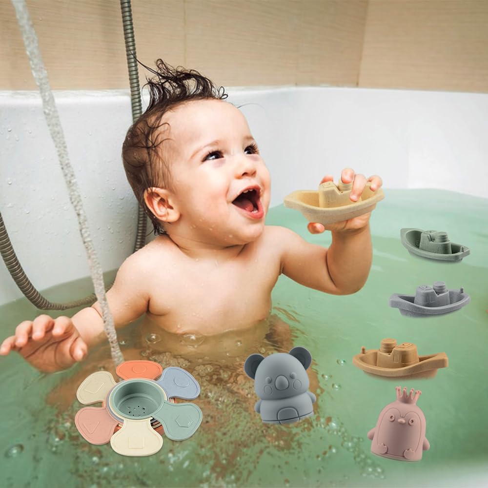 BIQIQI Baby Bath Toys, 15 Pieces Bathtub Toy Baby Silicone Water Toys Kids with Spray Animals Boats Bath Spoons, Floating Swimming Pool Bath Tub Pool Bath Toy for Toddlers