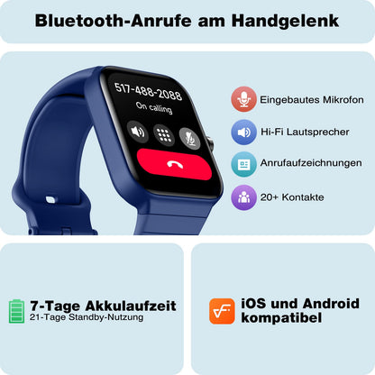 Smartwatch for men and women with phone function Alexa integrated - Fitness watch 100+ sports modes - Smartwatch 1.8 inches & IP68, pedometer watch for Android iOS with heart rate monitor SpO2 stress sleep monitor - blue