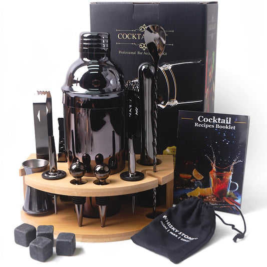 ZBPASL 16pcs Cocktail Shaker Set, Cocktail Set with Cocktail Shaker, Jigger, Ice Tongs, Set for Mixing Cocktails with Muddler, Bottle Opener, Shaker Cocktail Set, Bar Tool Set (Black 02)