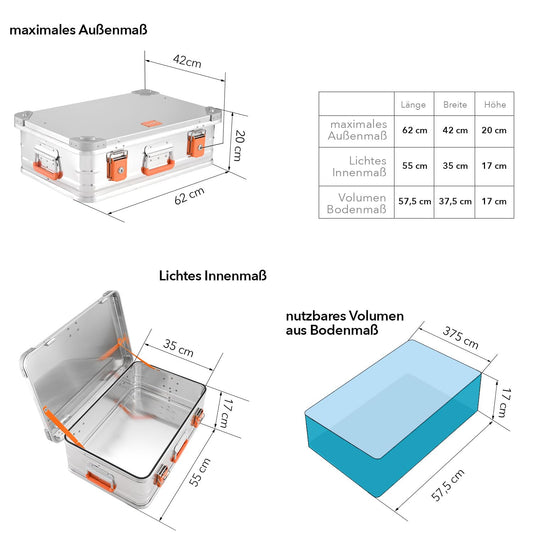 Aluminum box Aluminum case lockable E39 - Premium aluminum storage box 39 liters - Lid with aluminum die-cast stacking corners and rubber seal - including locks