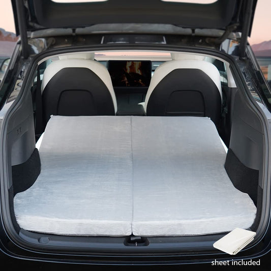 Havnby Tesla Model Y camping mattress includes CertiPUR memory foam mattress, storage bag, and fitted sheet. Portable, foldable, space-saving, double-sized.