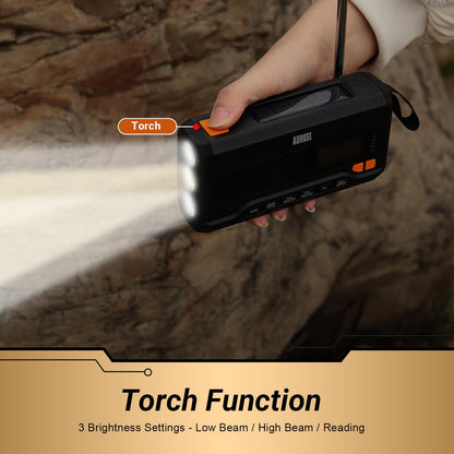 August MB290B Crank Radio DAB/FM/Bluetooth - Solar Radio 4500mAh Rechargeable Power Bank, 3 Modes LED Flashlight Sleep Timer SOS Alarm 3.5mm Emergency Radio with Hand Crank for Camping Hiking Camping.