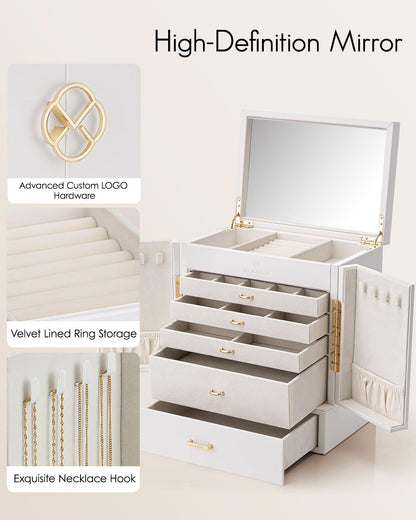 Vlando Jewelry Box Large, French Jewelry Box 6 Layers, Jewelry Organizers Large XXL with Mirror, Drawers, Jewelry Storage for Women, Jewelry Box for Earrings, Necklaces, Watches