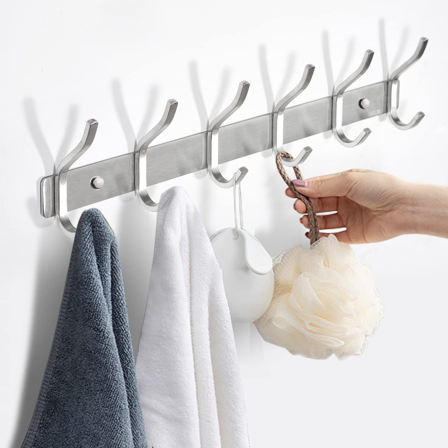 MEIJO stainless steel coat hooks, hook rail coat hooks wall with 6 hooks, wardrobe coat rack wall coat rack for bedroom bathroom kitchen (silver, 6 hooks 2 pieces)