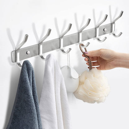MEIJO stainless steel coat hooks, hook rail coat hooks wall with 6 hooks, wardrobe coat rack wall coat rack for bedroom bathroom kitchen (silver, 6 hooks 2 pieces)