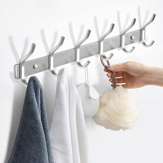 MEIJO stainless steel coat hooks, hook rail coat hooks wall with 6 hooks, wardrobe coat rack wall coat rack for bedroom bathroom kitchen (silver, 6 hooks 2 pieces)