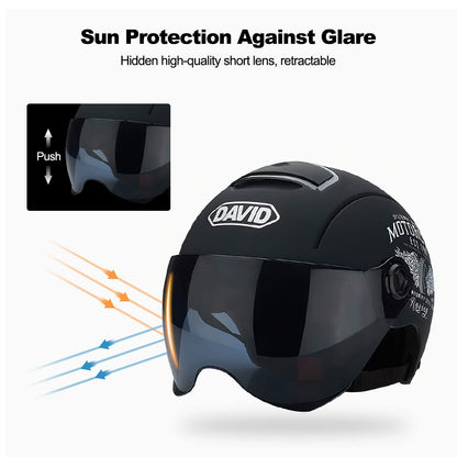Ergocar Classic Open Face Helmet, Half Helmet with Sun Visor, 709abs Shell Combined with EPS Buffer Layer for Better Riding Protection (Matte Black)