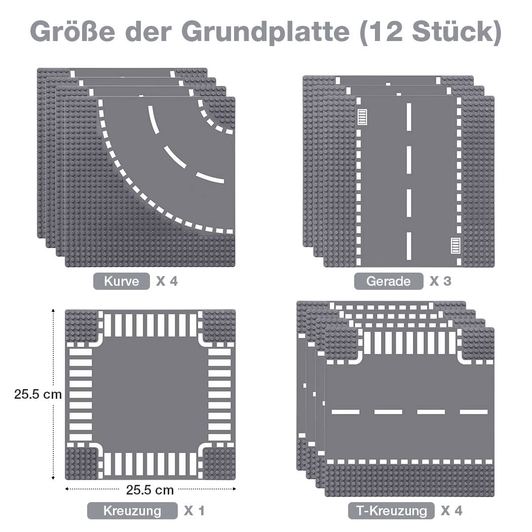 Lekebaby 12-piece City Street Baseplate Set, 25.5 * 25.5cm road plates, 100% compatible with most brands, includes 4 curves, 4 T-junctions, 3 straights, and 1 intersection.