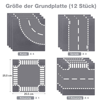 Lekebaby 12-piece City Street Baseplate Set, 25.5 * 25.5cm road plates, 100% compatible with most brands, includes 4 curves, 4 T-junctions, 3 straights, and 1 intersection.
