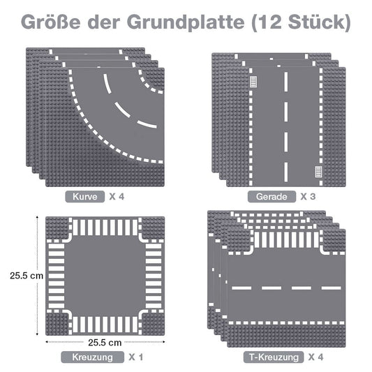Lekebaby 12-piece City Street Baseplate Set, 25.5 * 25.5cm road plates, 100% compatible with most brands, includes 4 curves, 4 T-junctions, 3 straights, and 1 intersection.