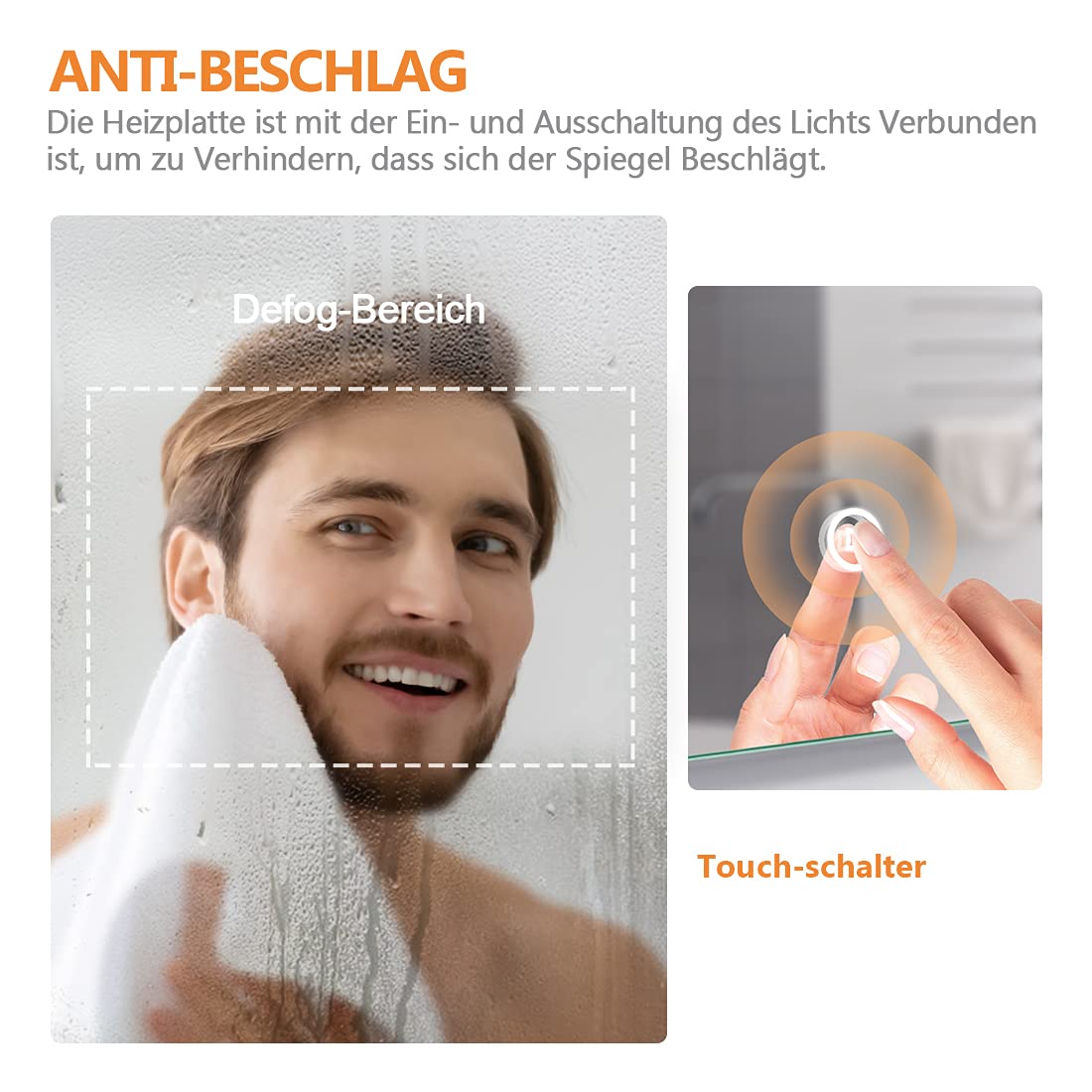 Bathman LED Bathroom Mirror 80x60 cm with Cold White Lighting, Touch Switch, 3x Magnification, Makeup Mirror, Anti-fog, Horizontal Wall Mirror