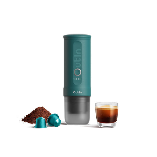 OutIn Nano Portable Espresso Machine with Battery, ideal for on-the-go or camping, coffee maker to go, with electric self-heating via USB-C, 2 in 1 for ground coffee and Nespresso capsules.