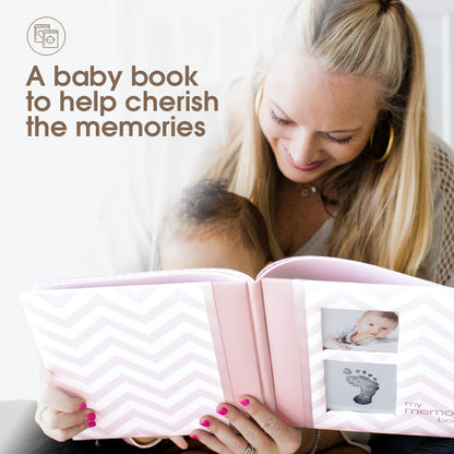 Pearhead First 5 Years Chevron Baby Memory Book with Clean-Touch Baby Safe Ink Pad for Baby Handprint or Footprint, Baby Girl Keepsake Book, Imprint Kit Included, Pink, US English Version