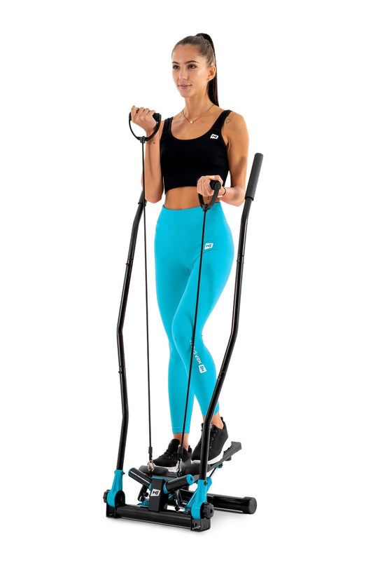 Hop-Sport stepper with handrails, blue - compact swing stepper for home, fitness equipment with LCD display and expander, Nordic walking training, max. load 100 kg