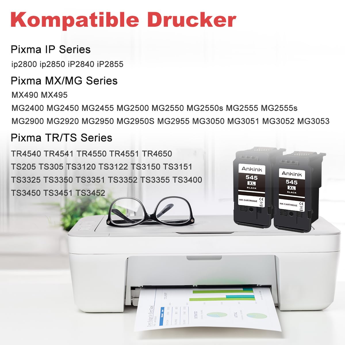 ANKINK compatible ink cartridge printer cartridges as a replacement for PG 545XL for Canon cartridge 545 XL for MG2450 MG2550 MG2950 MG2550s TR4550 TR4551 TR4650 TS3350 IP2850 MX490 MX495 MG3050, Black 2 Pack