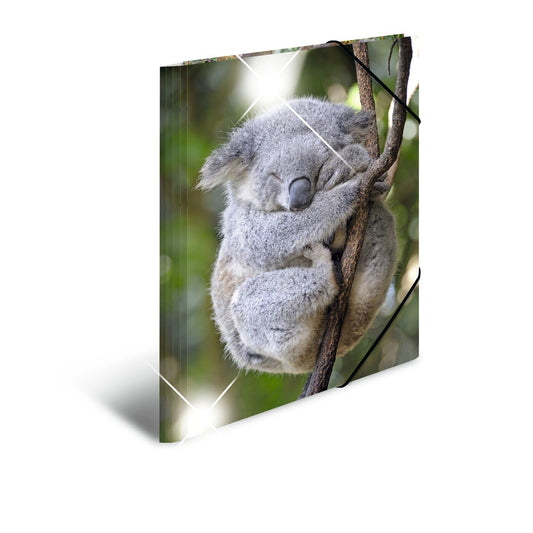HERMA Folder A3 Koala, children's plastic corner clamp folder with animal motif, high gloss finish, elastic band, inner flaps and inner print for boys and girls.