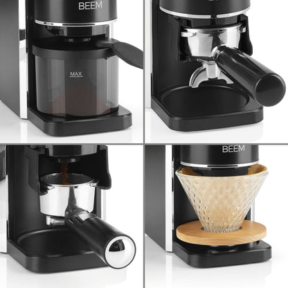 BEEM GRIND-PERFECT Electric Coffee Grinder - 250 g | 35 grind settings, conical burr grinder, adjustable dose with dial (2-12 cups) | Grind directly into portafilter with Ø 52-58 mm