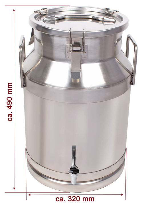 Beeketal 'BMK-30A' 30 liter stainless steel milk can transport container with drain tap, leak-proof lid with seal and clamping closure - dairy milk can for transport or storage.