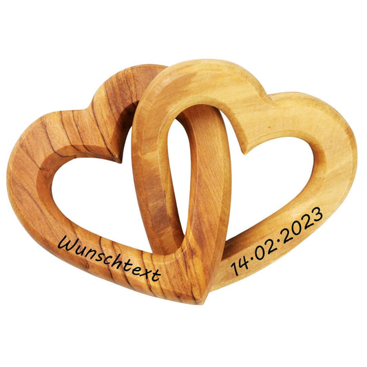 Kassis Gift Items Personalized Olive Wood Hearts for bride and groom, for Valentine's Day, anniversary, wedding day, birthday - connected wooden hearts - wedding gift - (7.50 cm)