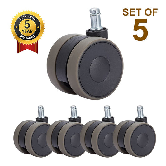 Office chair casters 11mm hard floor casters for office chairs 5-piece set replacement casters desk chair casters, rubber casters office chair for carpet and hardwood floors and tiles, office chair casters 65mm up to 300kg, Grey
