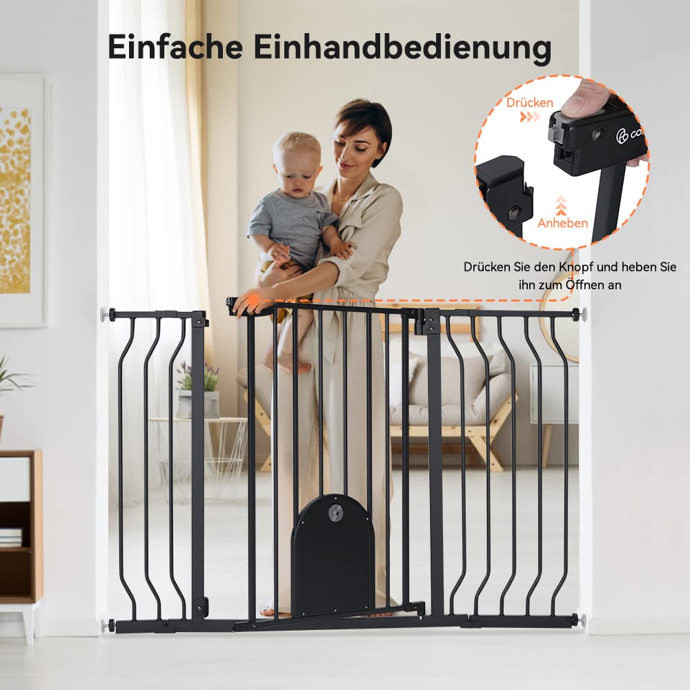 COMOMY Baby Safety Gate, Stair Gate No Drill, fits 75-123cm, Auto Close, One-Hand Operation, Double Lock, Anti-Pinch Pivot Design, Black