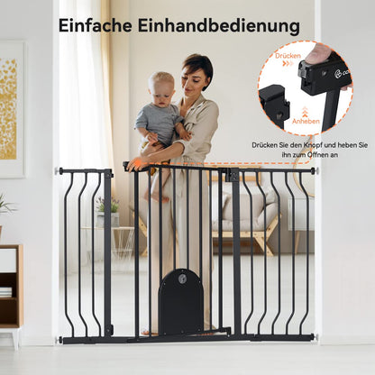 COMOMY Baby Safety Gate, Stair Gate No Drill, fits 75-123cm, Auto Close, One-Hand Operation, Double Lock, Anti-Pinch Pivot Design, Black