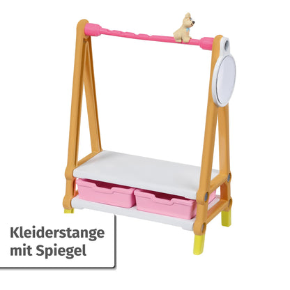 BABY Born, doll vehicle, fold-out caravan & Minis playset furniture set with wardrobe, clothes rail, bassinet, and changing table, 906163 Zapf Creation