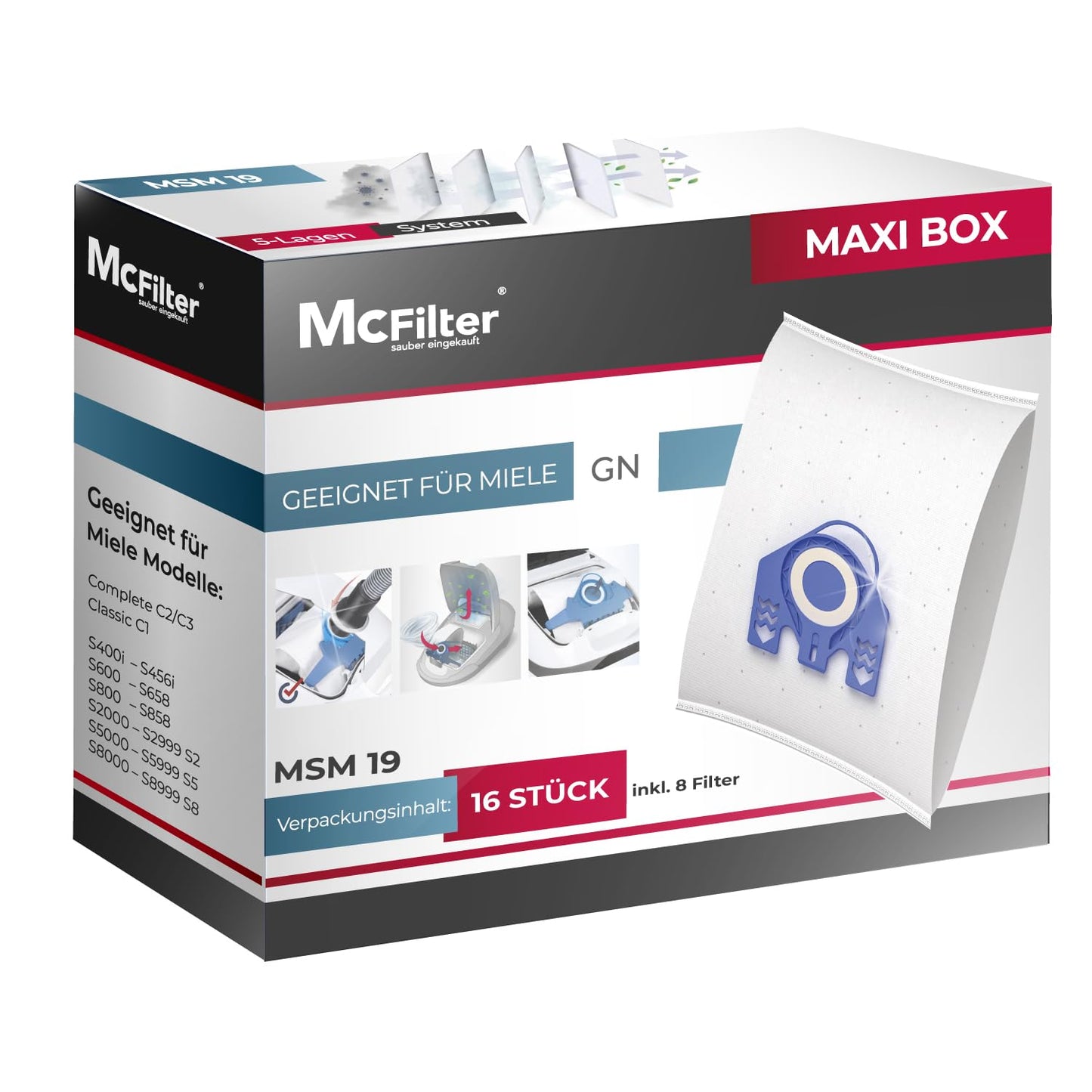 McFilter I 16 vacuum cleaner bags compatible with Miele vacuum cleaners GN Series S2 S4 S5 S6 S8, Complete C2/C3, Classic C1 I Dust bags including 8 filters I MAXI BOX