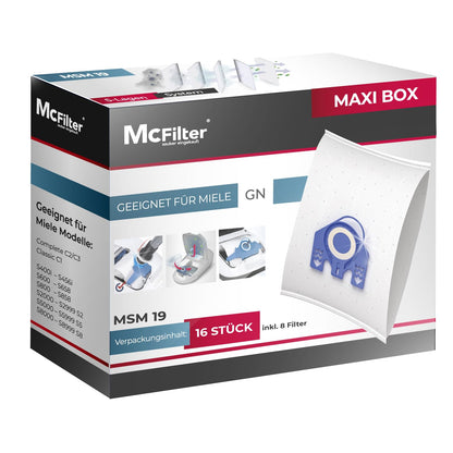 McFilter I 16 vacuum cleaner bags compatible with Miele vacuum cleaners GN Series S2 S4 S5 S6 S8, Complete C2/C3, Classic C1 I Dust bags including 8 filters I MAXI BOX