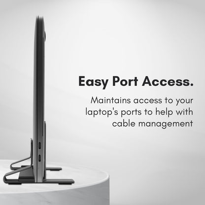 Macally Vertical Laptop Stand frees up desk space and adjusts to fit various laptops such as Apple MacBook, Asus Chromebook Flip, Samsung Notebook 9, Lenovo ThinkPad, Dell XPS, and Acer Switch.
