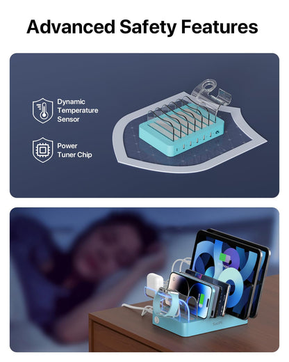 SooPii USB Charging Station 60W/12A, 6-Port Docking Station, Organizer for multiple devices with i Watch Holder, 6 cables included for phones, tablets, and other electronic devices.