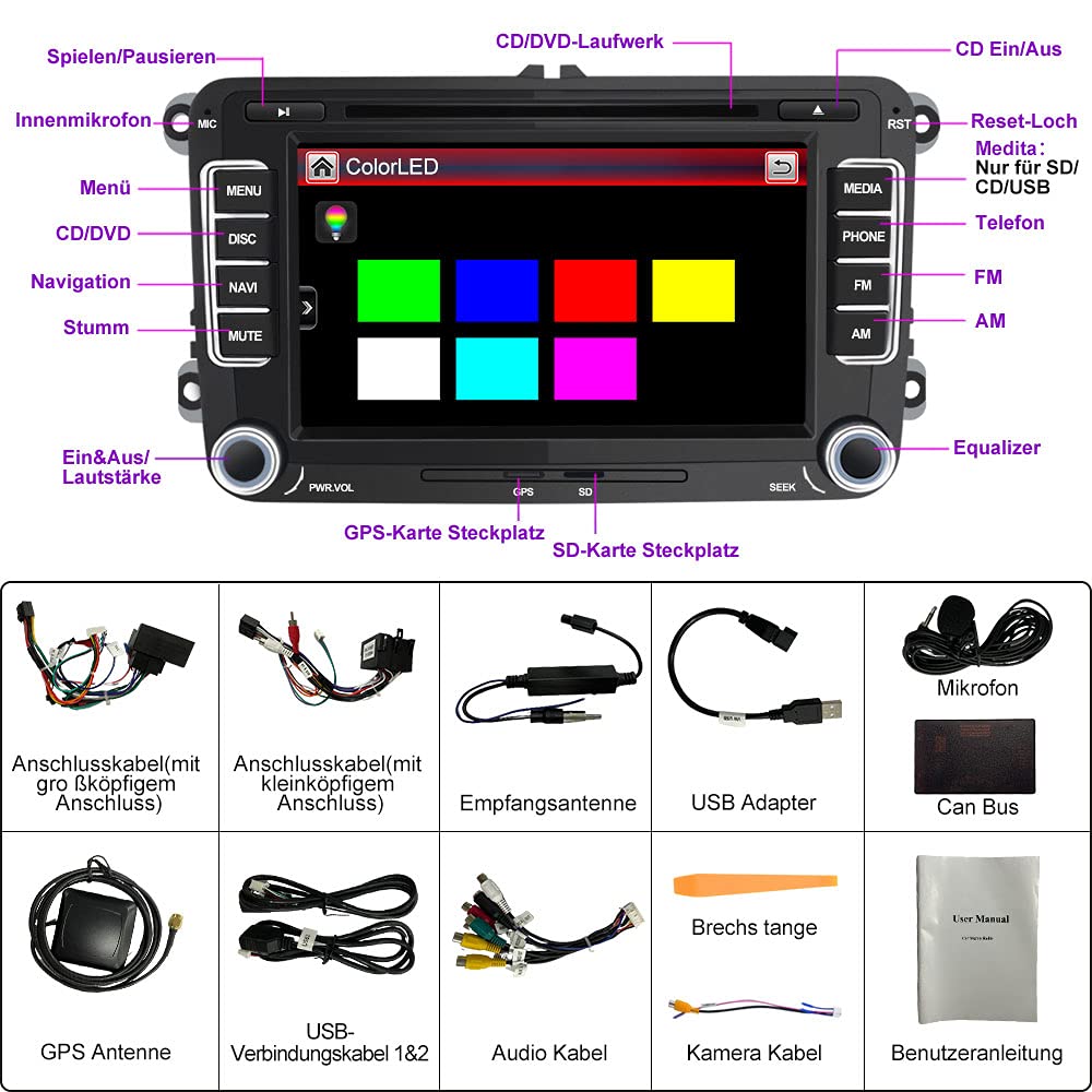 AWESAFE Radio for VW Golf 5 Golf 6, 2DIN car radio with Mirrorlink, 7 inch touchscreen monitor, SD, USB, CD DVD, and Bluetooth.